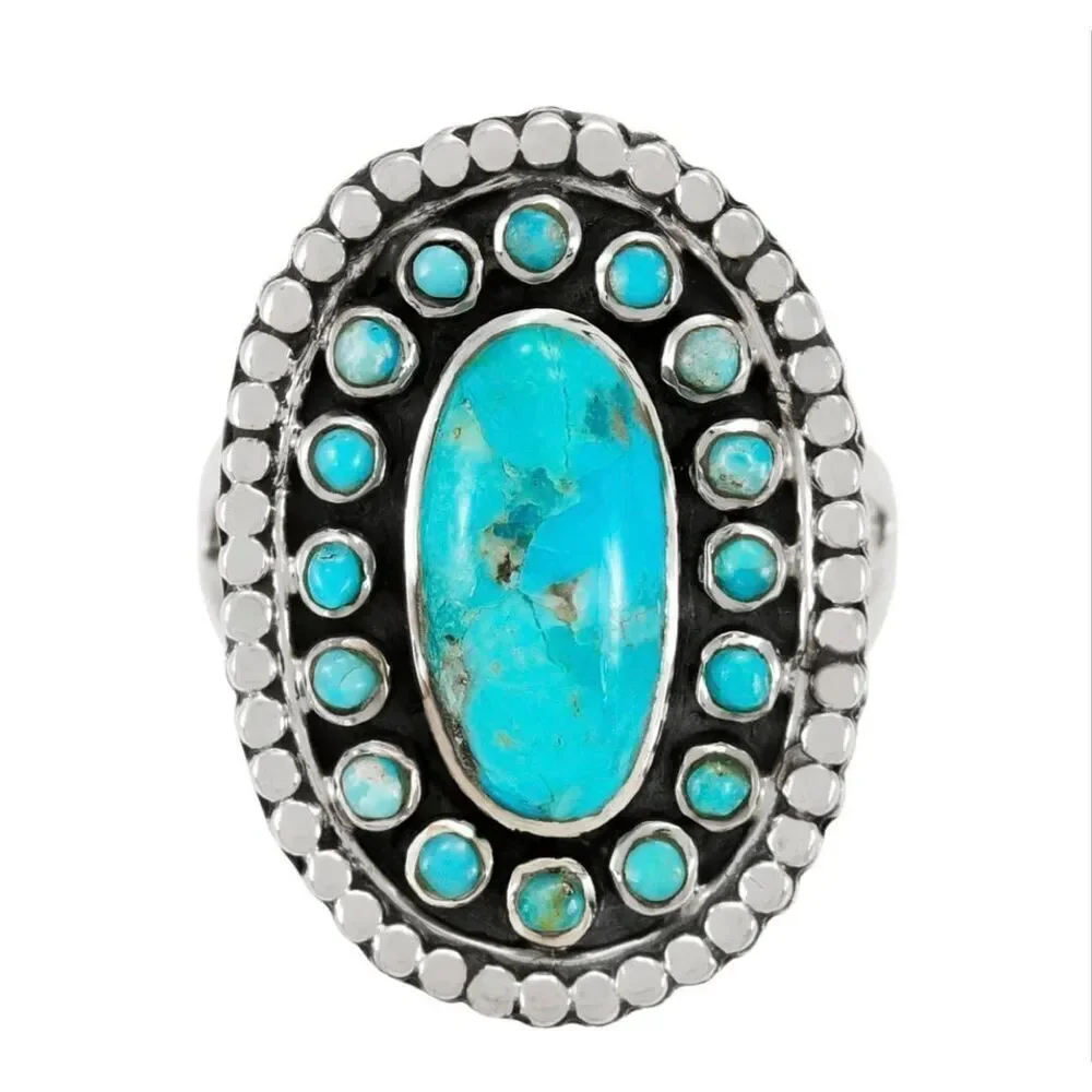 Vintage Style Sterling Silver Turquoise Cluster Statement Ring Southwestern Boho